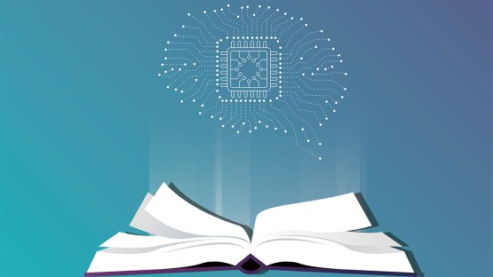 A color graphic showing an open book with the outline of a human brand above it.