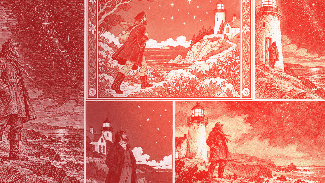 A color graphic showing 5 images of a lighthouse keeper.