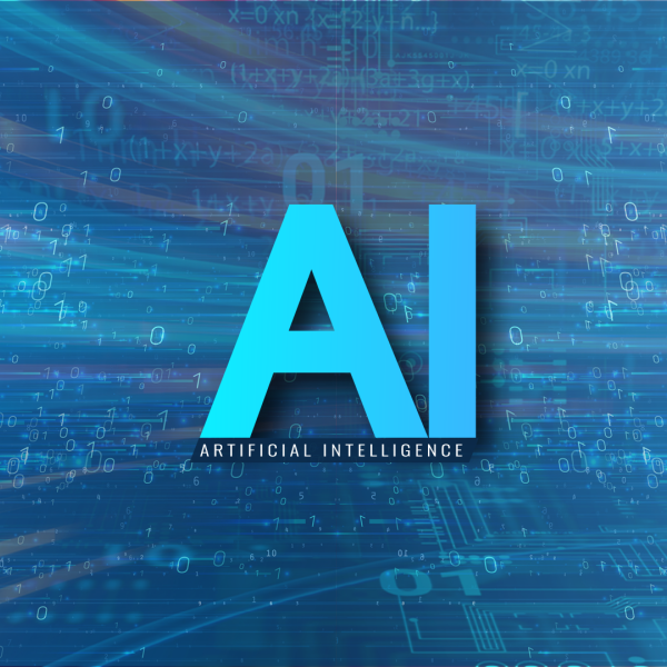 Large, blue text reading "AI" stands in front of a blue background filled with binary code