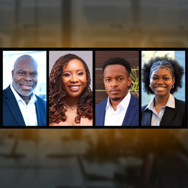 a grid of four images featuring an older black man in a suit, a black woman with brown curly hair, a young black man in a navy suit and a young black woman with short curly hair and a black suit and white collared shirt.