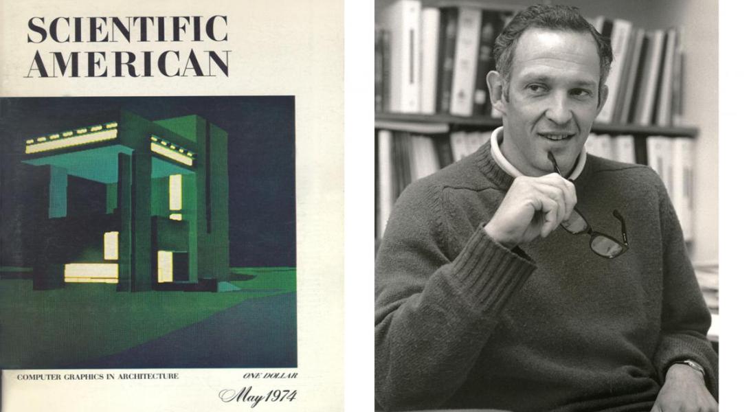 The cover of Scientific American in May 1974 is on the left, a black and white photos of a man holding his glasses in front of a bookshelf is on the right
