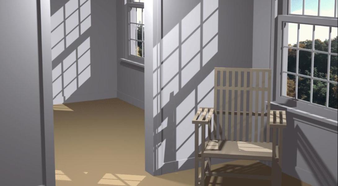 computer generated image of chair in grey room with light coming in from windows