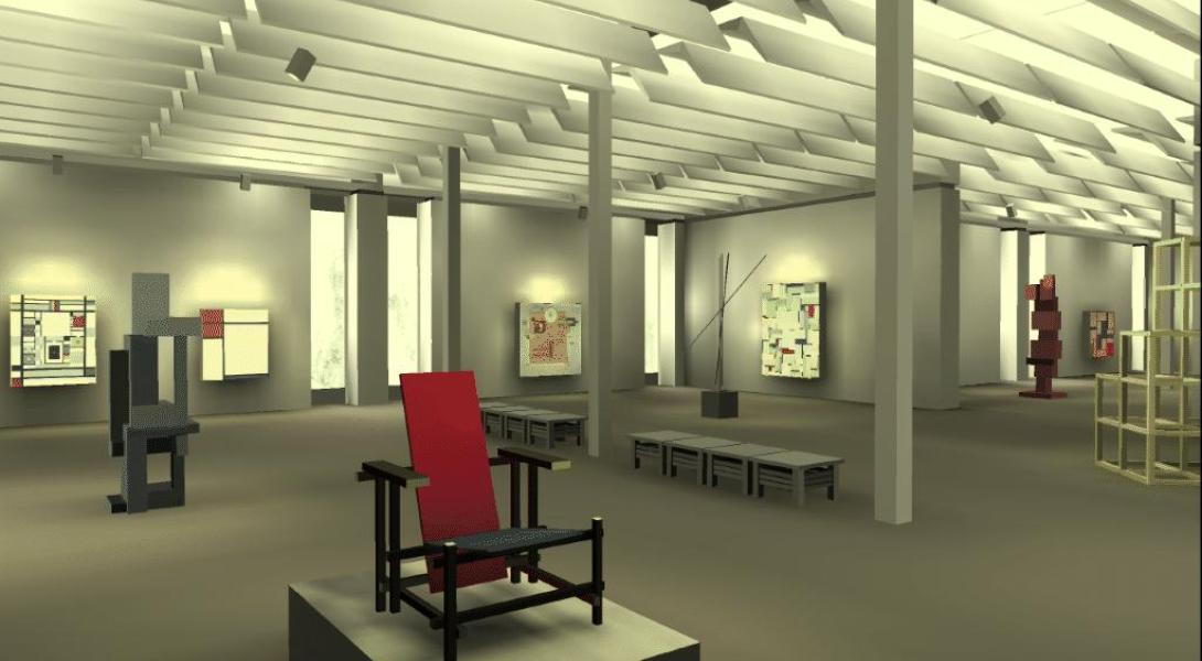 computer graphic of a museum including a red chair