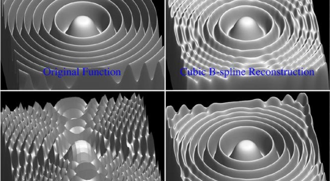 The image depicts an analytic function in comparison to three methods of reconstructing the function from a sampling set.