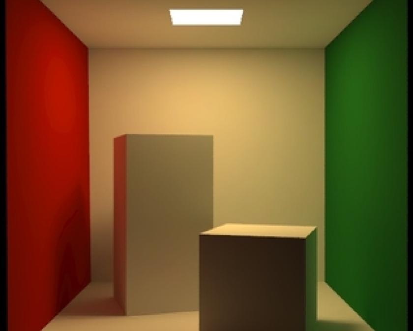 a square room with a red left wall and green right wall. a square light on the ceiling with two boxes in the middle